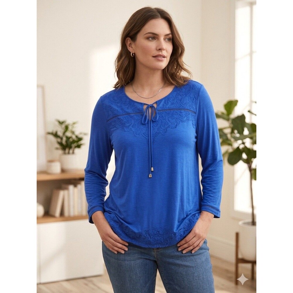 Rafaella Embroidered Shirt Womens XXL Stretchy Flowy Tunic Babydoll Top Tie Neck